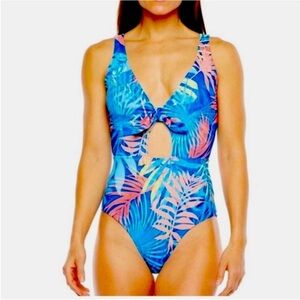 Peyton & Parker Blue And Pink Tropical Leaf Print One Piece Swimsuit Size S